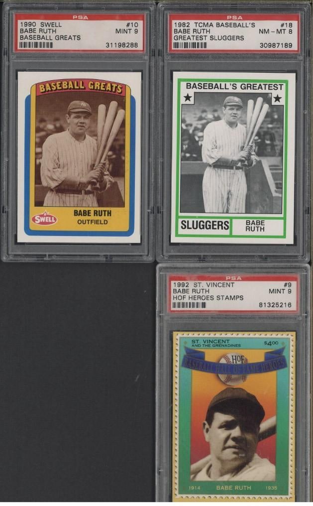(2) Babe Ruth Cards: (2) Babe Ruth Cards -1982 TCMA Baseball's Greatest Sluggers #18, PSA NM-MT 8; 1990 Swell Baseball Greats #10, PSA Mint 9 & 1992 St. Vincent HOF Heroes Stamps #9, PSA Mint 9