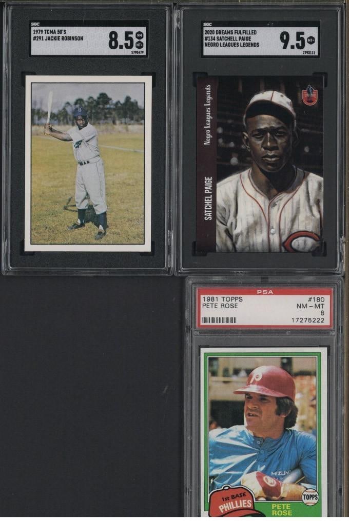 (3) Baseball Cards: (3) Baseball Cards -1979 TCMA 50's #291 Jackie Robinson, SGC NM-MT+ 8.5; 1981 Topps Pete Rose, NM-MT 8 & 2020 Dreams Fulfilled #143 Satchell Paige, SGC MT+ 9.5