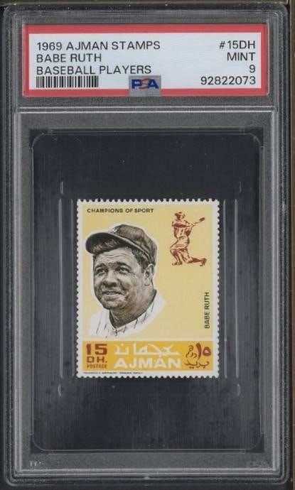 1969 Ajman Champions of Sport Stamp #15DH Babe Ruth: 1969 Ajman Champions of Sport Stamp #15DH Babe Ruth -PSA Mint 9