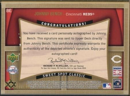 Upper Deck Sweet Spot Classic BE Johnny Bench Autographed Bat Section - 2