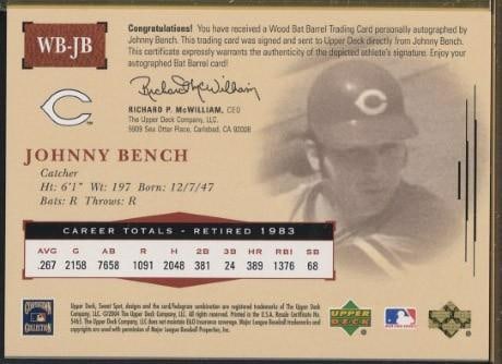 Upper Deck Sweet Spot Classic WB-JB Johnny Bench Autographed Bat Section - 2