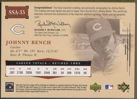 Upper Deck Sweet Spot Classic SSA-35 Johnny Bench Autographed Ball Panel - 2