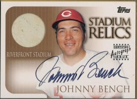 Topps SR4 Riverfront Stadium Relic w/Johnny Bench Autograph (1 of 2)