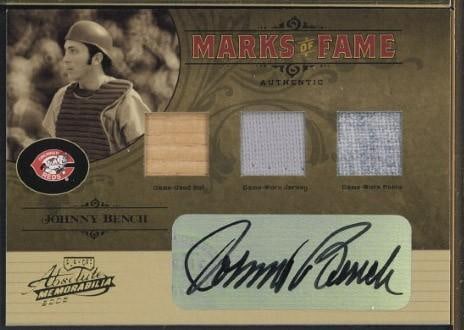 Donruss Marks of Fame MF-35 Johnny Bench Autographed Card w/Game Used Bat & Uniform Pieces: Donruss Marks of Fame MF-35 Johnny Bench Autographed Card w/Game Used Bat & Uniform Pieces -
