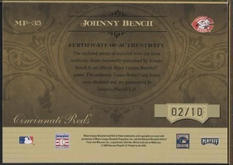 Donruss Marks of Fame MF-35 Johnny Bench Autographed Card w/Game Used Bat & Uniform Pieces - 2