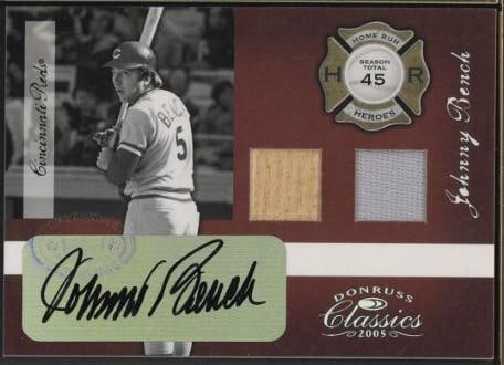Donruss Classics 2005 HR-5 Johnny Bench Autographed Card w/Game Used Bat & Uniform Pieces (1 of 2)