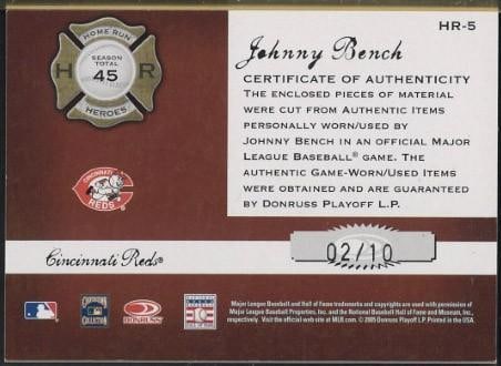 Donruss Classics 2005 HR-5 Johnny Bench Autographed Card w/Game Used Bat & Uniform Pieces - 2