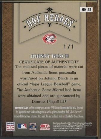 Donruss HOF Heroes HH-58 Johnny Bench Autographed Card w/Game Used Bat & Uniform Pieces - 2