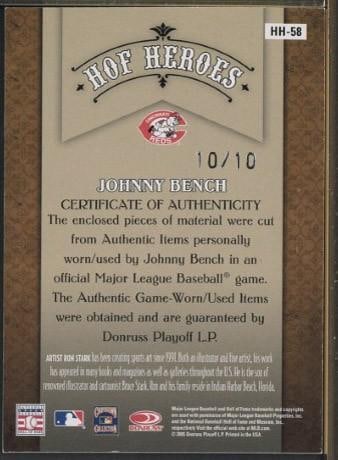 Donruss HOF Heroes HH-58 Johnny Bench Autographed Card w/Game Used Bat & Uniform Pieces - 2