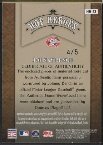 Donruss HOF Heroes HH-58 Johnny Bench Autographed Card w/Game Used Bat & Uniform Pieces - 2