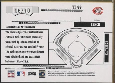 Donruss Tools of the Trade TT-99 Johnny Bench Autographed Card w/Game Used Uniform Pieces - 2
