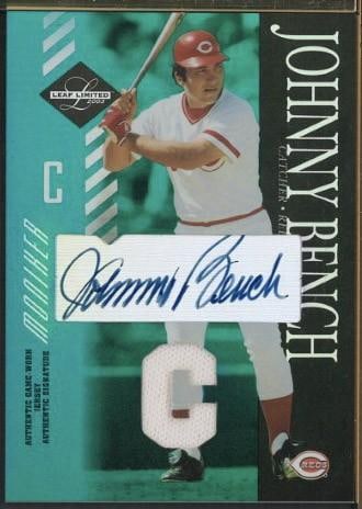 Donruss Leaf Limited 2003 #166 Johnny Bench Autographed Card w/Game Used Uniform Piece (1 of 2)