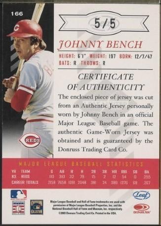 Donruss Leaf Limited 2003 #166 Johnny Bench Autographed Card w/Game Used Uniform Piece - 2