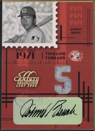 Donruss Century Collection Leaf 2005 TT-5 Johnny Bench Autographed Card w/Game Used Uniform Piece: Donruss Century Collection Leaf 2005 TT-5 Johnny Bench Autographed Card w/Game Used Uniform Piece -
