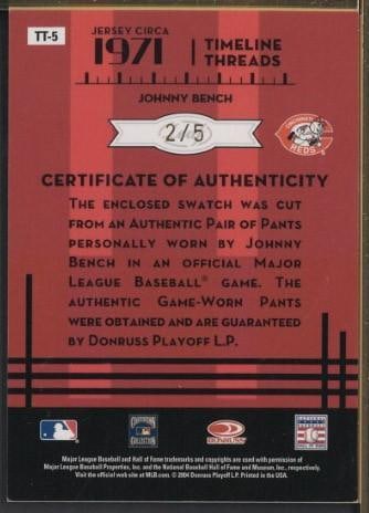 Donruss Century Collection Leaf 2005 TT-5 Johnny Bench Autographed Card w/Game Used Uniform Piece - 2