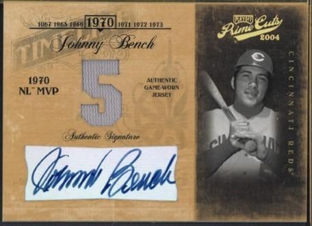 Donruss Playoff Prime Cuts 2004 TL-49 Johnny Bench Autographed Card w/Game Used Uniform Piece: Donruss Playoff Prime Cuts 2004 TL-49 Johnny Bench Autographed Card w/Game Used Uniform Piece -
