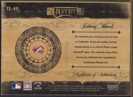 Donruss Playoff Prime Cuts 2004 TL-49 Johnny Bench Autographed Card w/Game Used Uniform Piece - 2