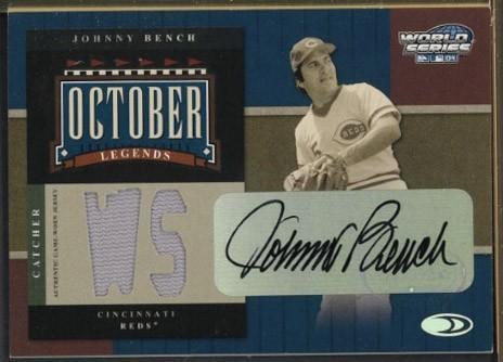 2004 Donruss October Legends OL-10 Johnny Bench Autographed Card w/Game Used Uniform Piece: 2004 Donruss October Legends OL-10 Johnny Bench Autographed Card w/Game Used Uniform Piece -