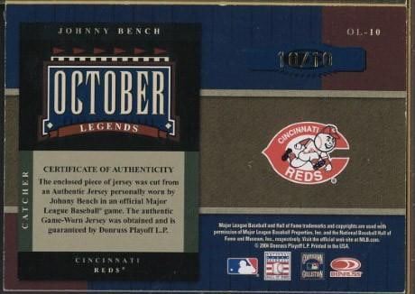 2004 Donruss October Legends OL-10 Johnny Bench Autographed Card w/Game Used Uniform Piece - 2