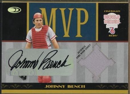 2004 Donruss World Series MVP-8 Johnny Bench Autographed Card w/Game Used Uniform Piece: 2004 Donruss World Series MVP-8 Johnny Bench Autographed Card w/Game Used Uniform Piece -