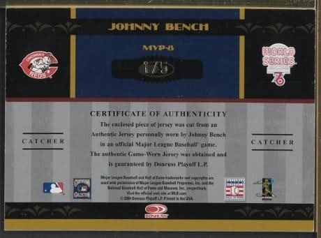 2004 Donruss World Series MVP-8 Johnny Bench Autographed Card w/Game Used Uniform Piece - 2