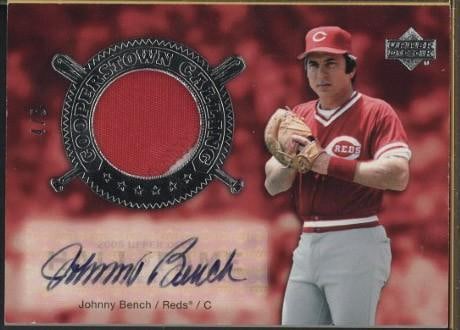 2005 Upper Deck Cooperstown Calling CO-BE1 Johnny Bench Autographed Card w/Game Used Uniform Piece: 2005 Upper Deck Cooperstown Calling CO-BE1 Johnny Bench Autographed Card w/Game Used Uniform Piece -