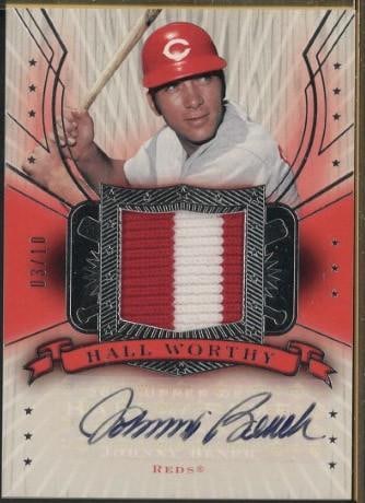 2005 Upper Deck Hall of Fame HW-BE1 Johnny Bench Autographed Card w/Game Used Uniform Piece (1 of 2)