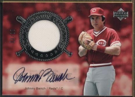 2005 Upper Deck Cooperstown Calling CO-BE1 Johnny Bench Autographed Card w/Game Used Uniform Piece (1 of 2)