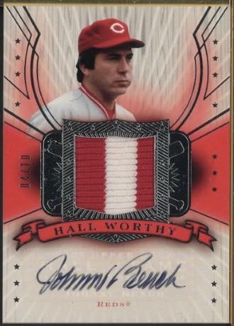 2005 Upper Deck Hall of Fame HW-BE2 Johnny Bench Autographed Card w/Game Used Uniform Piece (1 of 2)