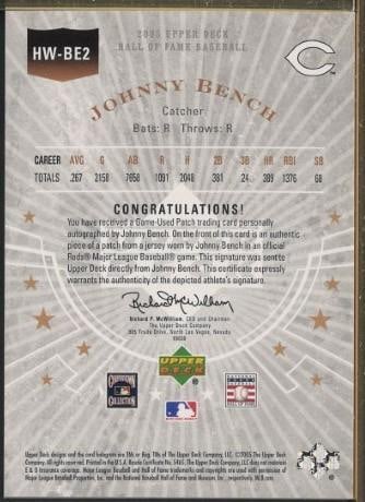 2005 Upper Deck Hall of Fame HW-BE2 Johnny Bench Autographed Card w/Game Used Uniform Piece - 2