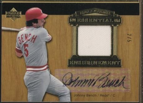 2005 Upper Deck Essential Enshrinement EE-BE1 Johnny Bench Autographed Card w/Game Used Uniform: 2005 Upper Deck Essential Enshrinement EE-BE1 Johnny Bench Autographed Card w/Game Used Uniform Piece -