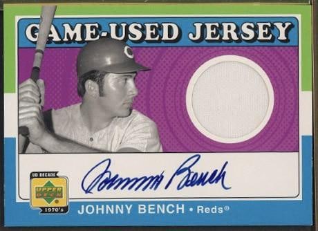 Upper Deck SJ-JB Johnny Bench Autographed Card w/Game Used Uniform Piece: Upper Deck SJ-JB Johnny Bench Autographed Card w/Game Used Uniform Piece -
