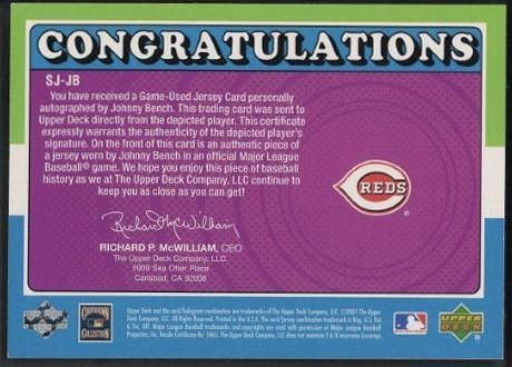 Upper Deck SJ-JB Johnny Bench Autographed Card w/Game Used Uniform Piece - 2