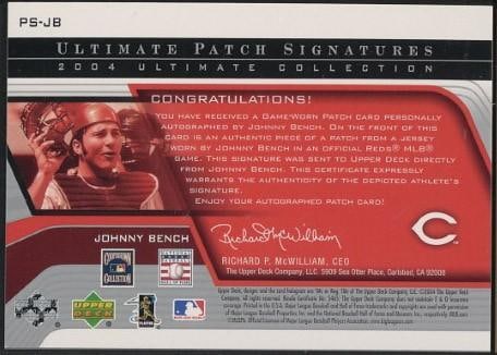 Upper Deck PS-JB Johnny Bench Autographed Card w/Game Used Uniform Piece - 2