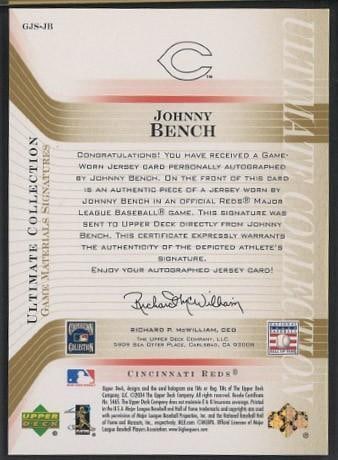 Upper Deck GJS-JB Johnny Bench Autographed Card w/Game Used Uniform Piece - 2