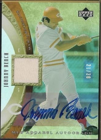 Upper Deck MLB-BE Johnny Bench Autographed Card w/Game Used Uniform Piece: Upper Deck MLB-BE Johnny Bench Autographed Card w/Game Used Uniform Piece -