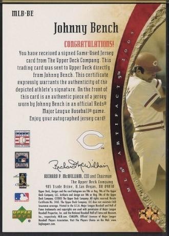 Upper Deck MLB-BE Johnny Bench Autographed Card w/Game Used Uniform Piece - 2