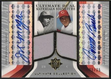 Upper Deck DJS-MB Johnny Bench & Joe Morgan Autographed Card w/Game Used Uniform Pieces (1 of 2)