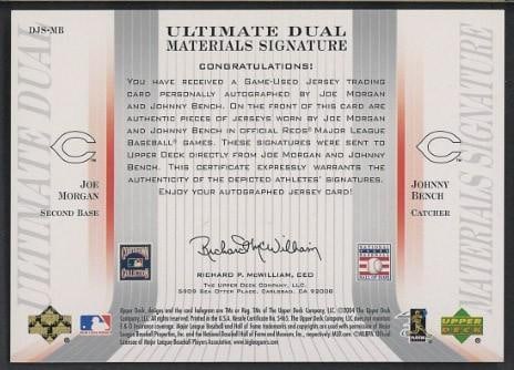 Upper Deck DJS-MB Johnny Bench & Joe Morgan Autographed Card w/Game Used Uniform Pieces - 2