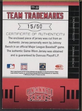 Donruss Leaf Limited 2004 TT-22 Johnny Bench Autographed Card w/Game Used Uniform Piece - 2