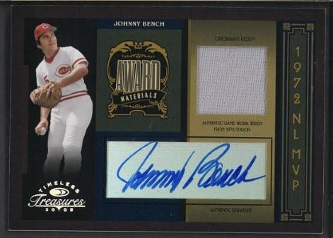 2005 Donruss Award Materials AM-6 Johnny Bench Autographed Card w/Game Used Uniform Piece: 2005 Donruss Award Materials AM-6 Johnny Bench Autographed Card w/Game Used Uniform Piece -