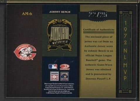2005 Donruss Award Materials AM-6 Johnny Bench Autographed Card w/Game Used Uniform Piece - 2