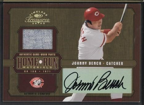 2005 Donruss Home Run Materials HRM-4 Johnny Bench Autographed Card w/Game Used Uniform Piece: 2005 Donruss Home Run Materials HRM-4 Johnny Bench Autographed Card w/Game Used Uniform Piece -