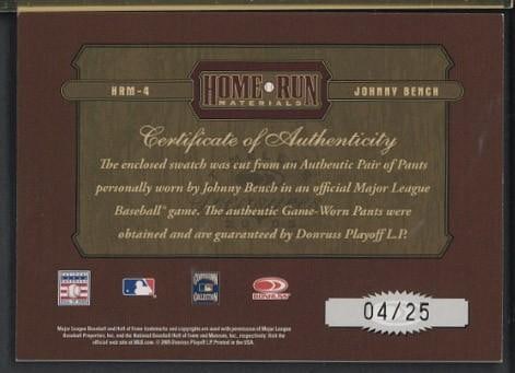 2005 Donruss Home Run Materials HRM-4 Johnny Bench Autographed Card w/Game Used Uniform Piece - 2