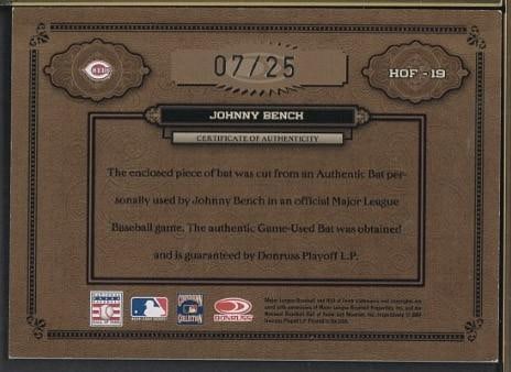 2004 Donruss Home Run Materials HOF-19 Johnny Bench Autographed Card w/Game Used Bat Piece - 2