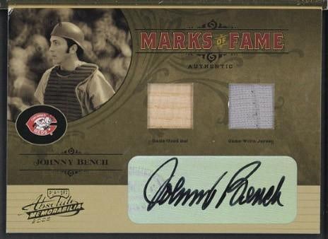 2005 Donruss Marks of Fame MF-35 Johnny Bench Autographed Card w/Game Used Bat & Uniform Pieces: 2005 Donruss Marks of Fame MF-35 Johnny Bench Autographed Card w/Game Used Bat & Uniform Pieces -
