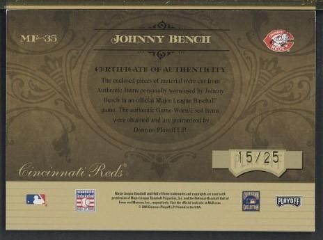 2005 Donruss Marks of Fame MF-35 Johnny Bench Autographed Card w/Game Used Bat & Uniform Pieces - 2