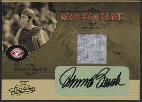 2005 Donruss Marks of Fame MF-35 Johnny Bench Autographed Card w/Game Used Uniform Piece: 2005 Donruss Marks of Fame MF-35 Johnny Bench Autographed Card w/Game Used Uniform Piece -