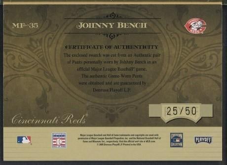 2005 Donruss Marks of Fame MF-35 Johnny Bench Autographed Card w/Game Used Uniform Piece - 2
