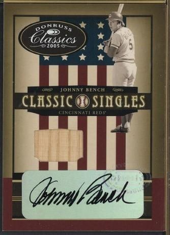 2005 Donruss Classic Singles CS-20 Johnny Bench Autographed Card w/Game Used Bat Piece (1 of 2)